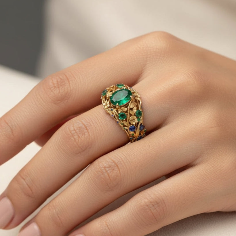 Grøn & Blå Krystal Guld Ring