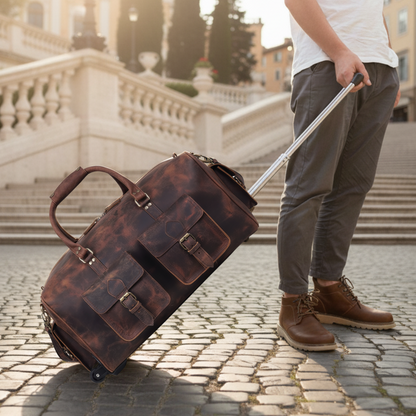 Leather travel bag with wheels