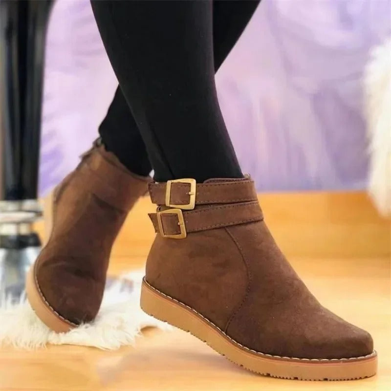 Catherine™ – Flat Ankle Boots with Double Buckle