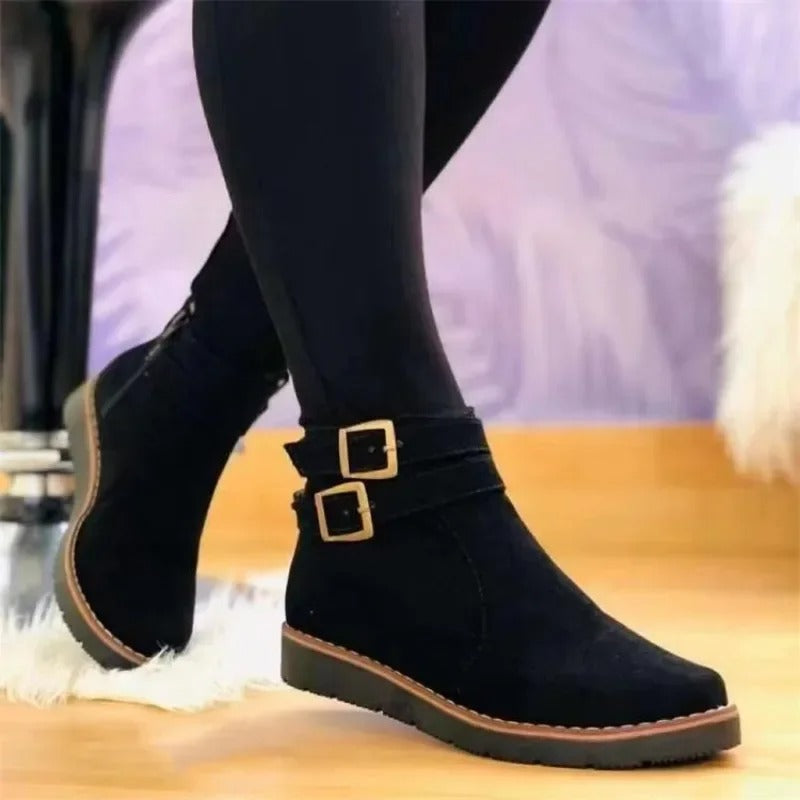 Catherine™ – Flat Ankle Boots with Double Buckle