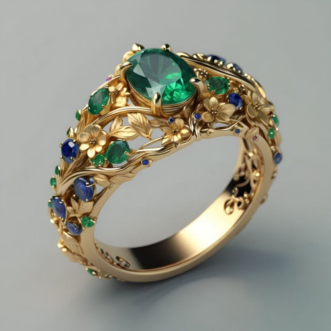 Grøn & Blå Krystal Guld Ring