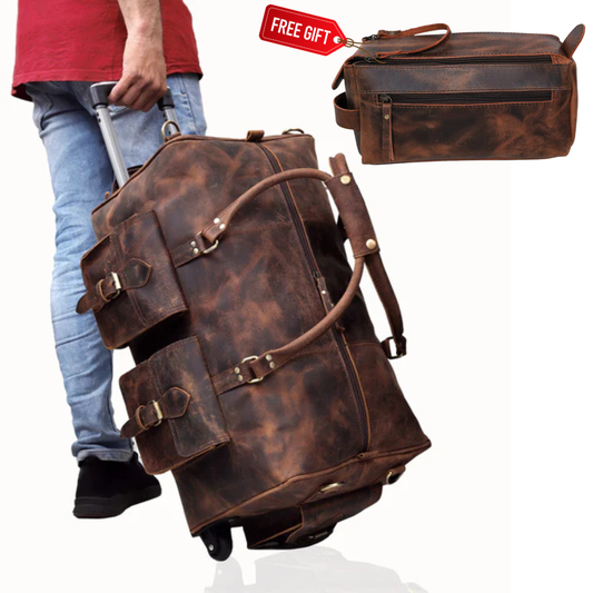 Leather travel bag with wheels