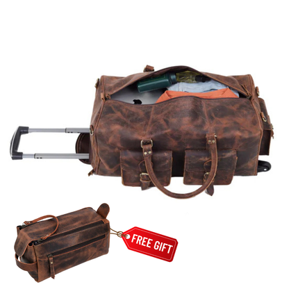 Leather travel bag with wheels