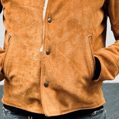 H&L Men's Retro Solid Color Patchwork Faux Suede Lapel Button Jacket