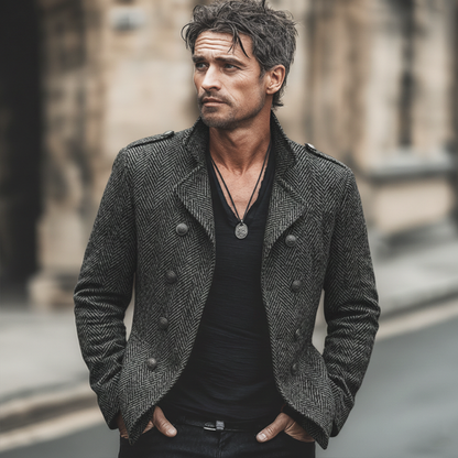 H&L Men's Business Double-breasted Notched Lapel Faux Wool Jacket
