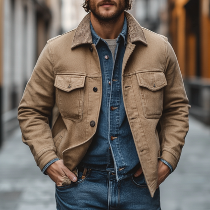 H&L Men's Cotton Patchwork Lapel Button Jacket