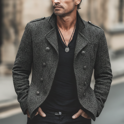 H&L Men's Business Double-breasted Notched Lapel Faux Wool Jacket