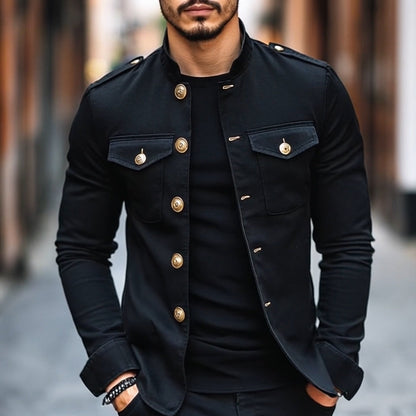 H&L Men's Vintage Casual Solid Stand Collar Button Jacket