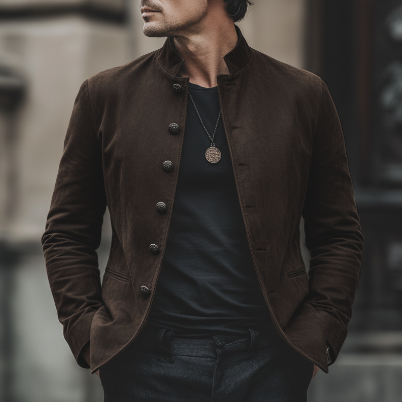 H&L Men's Classic Chocolate Brown Stand-collar Suede Jacket