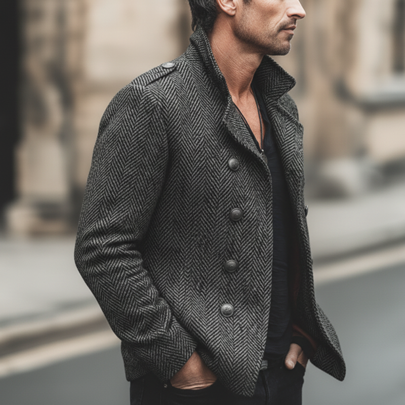 H&L Men's Business Double-breasted Notched Lapel Faux Wool Jacket