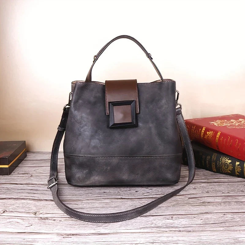 Vintage-style Solid Colour Genuine Leather Crossbody Bag