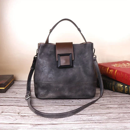 Vintage-style Solid Colour Genuine Leather Crossbody Bag