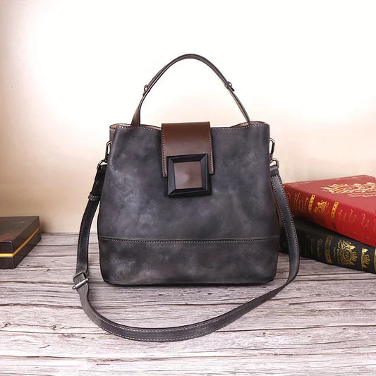 Vintage-style Solid Colour Genuine Leather Crossbody Bag