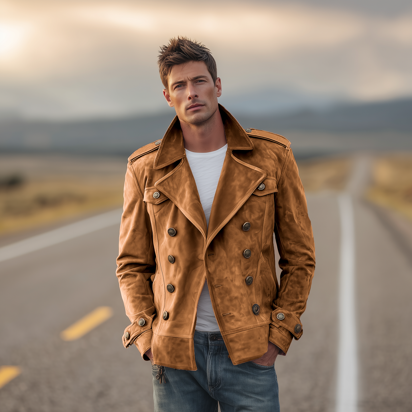 Men's Classic Retro Western Style Lapel Suede Epaulette Double-breasted Jacket MTA0801H7K