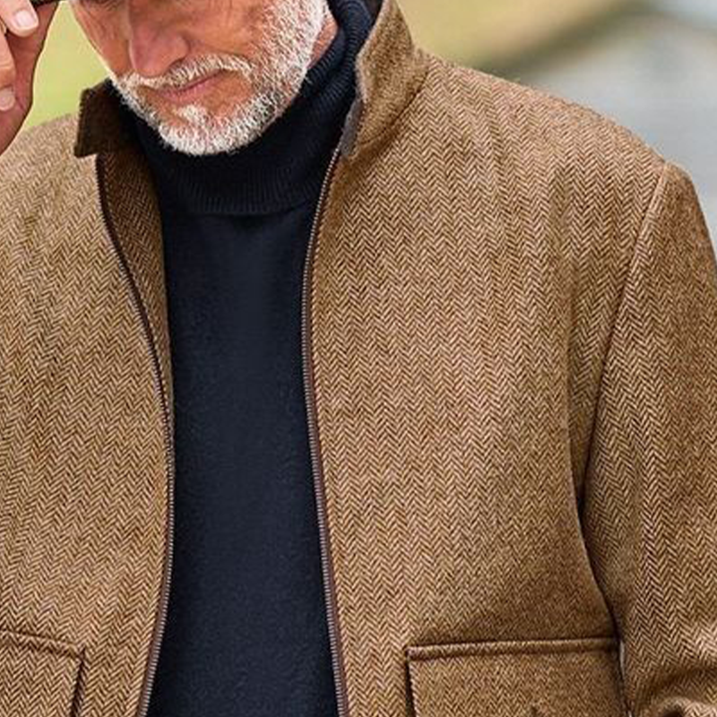 H&L Men's Retro Stand Collar Herringbone Blend Zipper Jacket