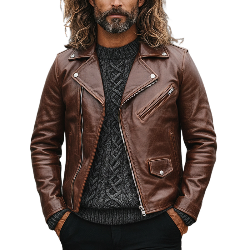 H&L Men's Retro Zipper Lapel Motorcycle Jacket