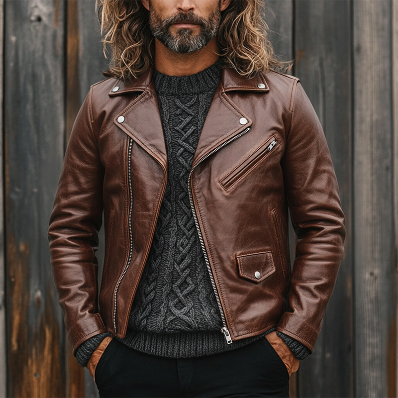 H&L Men's Retro Zipper Lapel Motorcycle Jacket