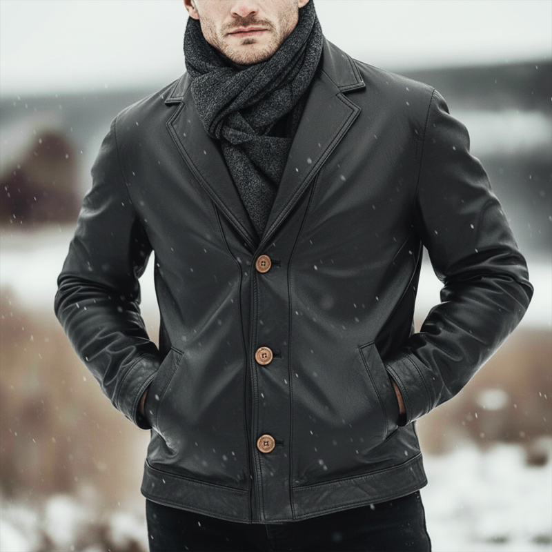 H&L Men's Business Style Notched Lapel Button-up Black PU Leather Jacket
