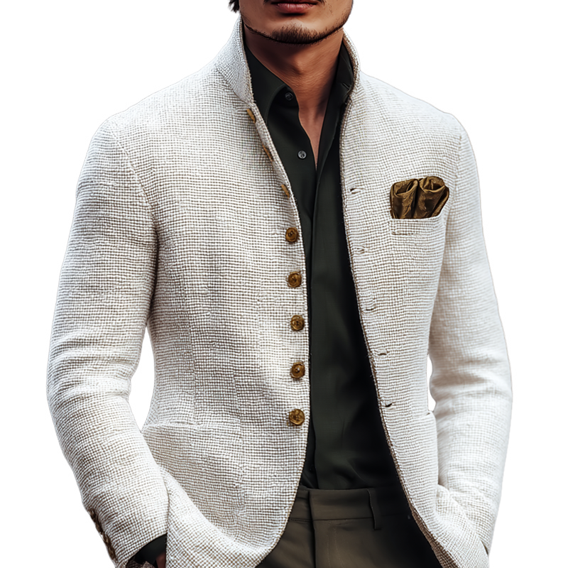 Men's Solid Tweed Stand Collar Single Breasted Casual Jacket MTA2939H6Z