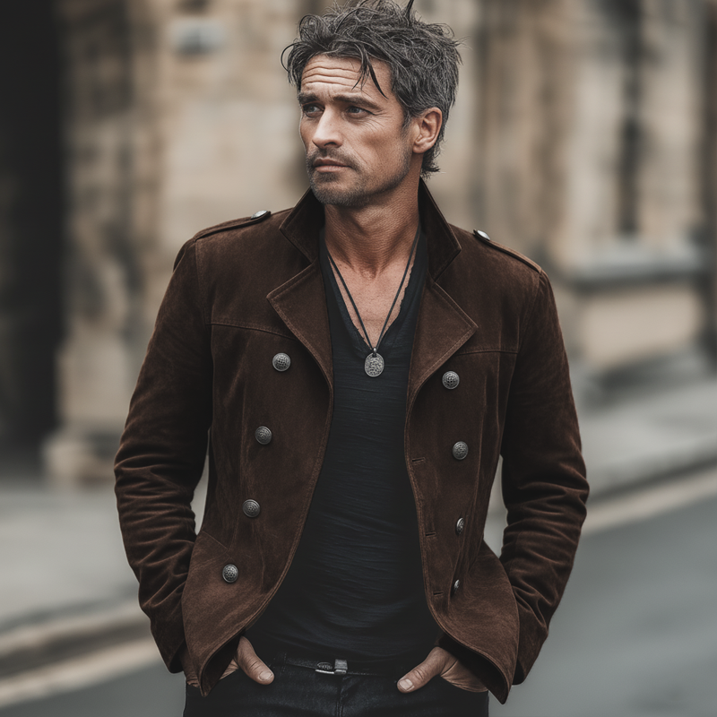H&L Men's Classic Chocolate Brown Double-breasted Notched Lapel Suede Jacket
