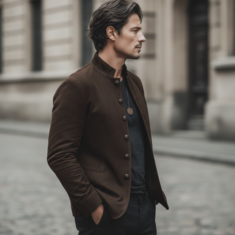 H&L Men's Classic Chocolate Brown Stand-collar Suede Jacket