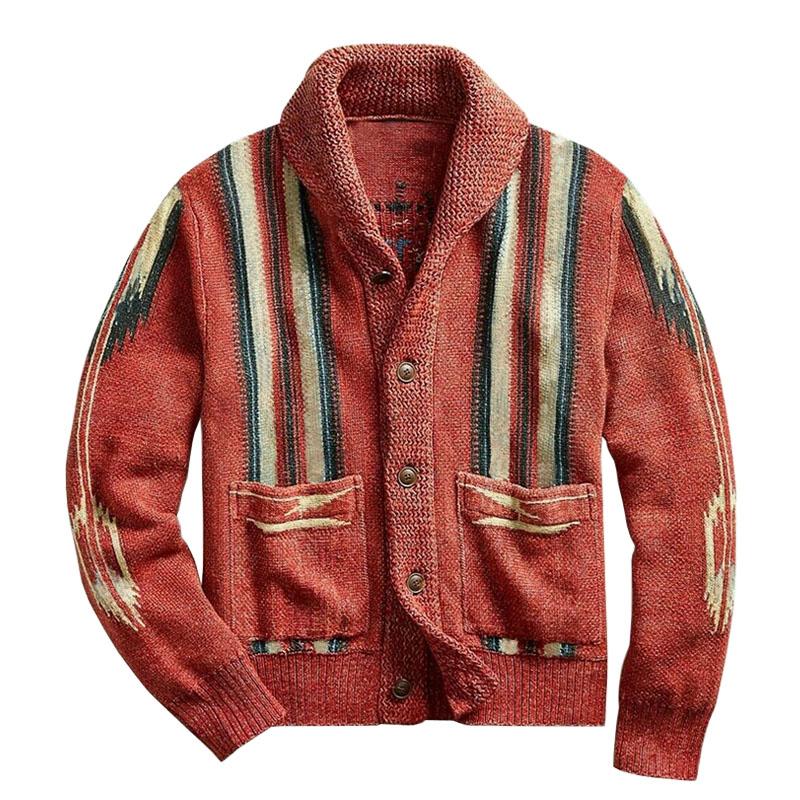 H&L Men's Vintage Jacquard Lapel Single Breasted Long Sleeve Knit Cardigan