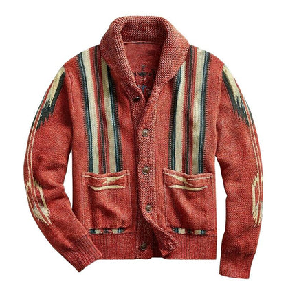 H&L Men's Vintage Jacquard Lapel Single Breasted Long Sleeve Knit Cardigan
