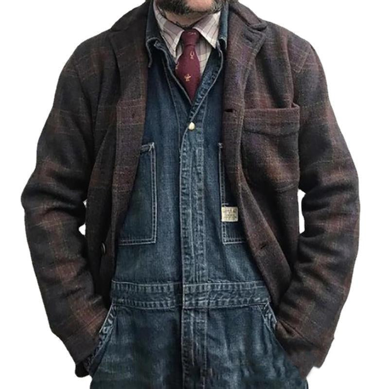 H&L Men's Retro Checkered Lapel Loose Jacket