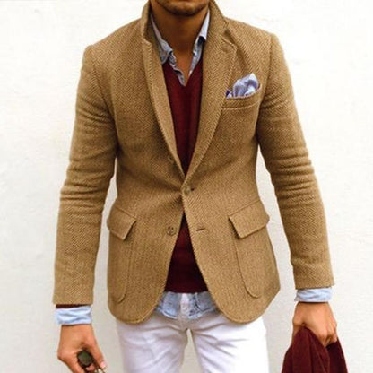H&L Men's Vintage Herringbone Wool Blend Lapel Single Breasted Blazer