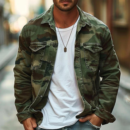 H&L Men's Camouflage Canvas Retro Wear Lapel Jacket