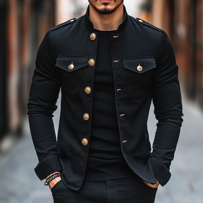 H&L Men's Vintage Casual Solid Stand Collar Button Jacket