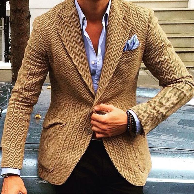 H&L Men's Vintage Herringbone Wool Blend Lapel Single Breasted Blazer