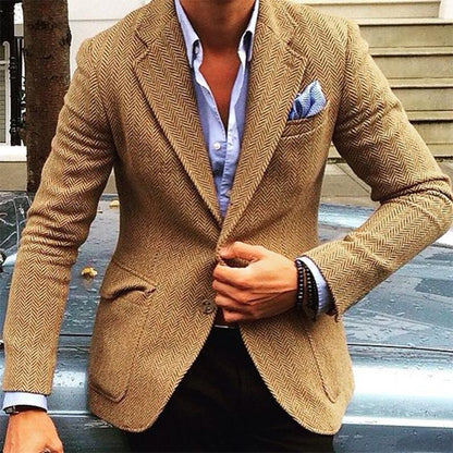 H&L Men's Vintage Herringbone Wool Blend Lapel Single Breasted Blazer