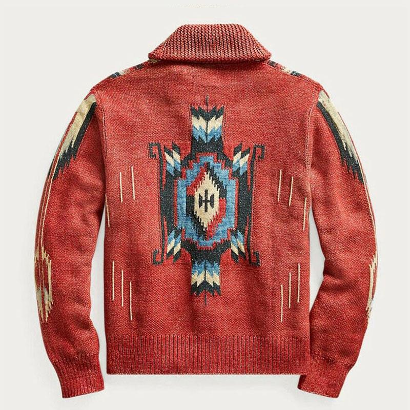H&L Men's Vintage Jacquard Lapel Single Breasted Long Sleeve Knit Cardigan