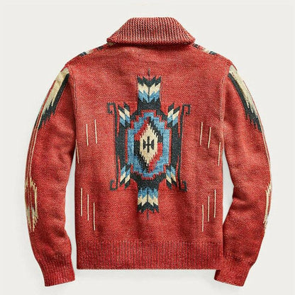 H&L Men's Vintage Jacquard Lapel Single Breasted Long Sleeve Knit Cardigan