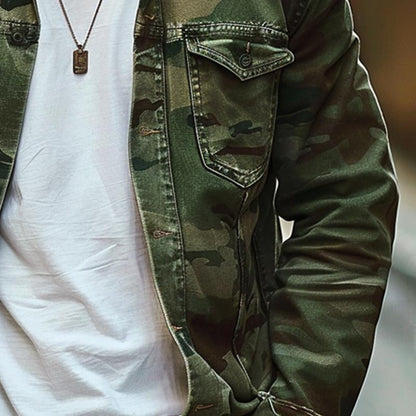 H&L Men's Camouflage Canvas Retro Wear Lapel Jacket