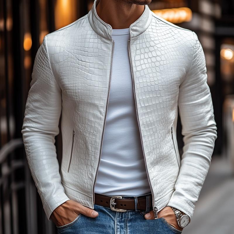H&L Men's Fashion Stone Pattern Stand Collar Zipper Slim Fit Leather Jacket