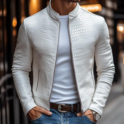 H&L Men's Fashion Stone Pattern Stand Collar Zipper Slim Fit Leather Jacket