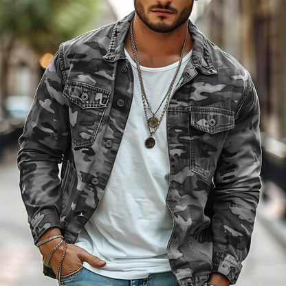 H&L Men's Camouflage Canvas Retro Wear Lapel Jacket