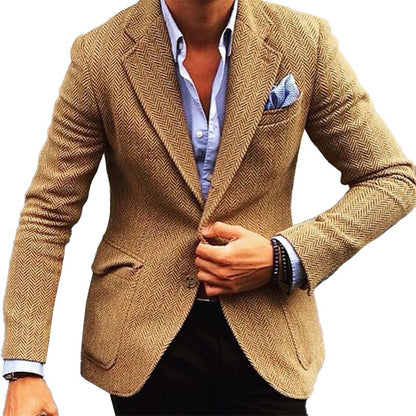 H&L Men's Vintage Herringbone Wool Blend Lapel Single Breasted Blazer