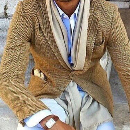 H&L Men's Vintage Herringbone Wool Blend Lapel Single Breasted Blazer