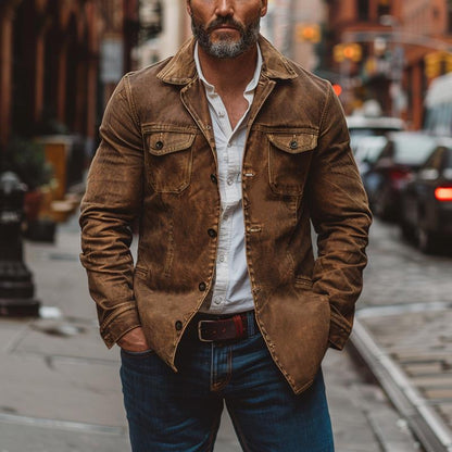 H&L Men's Vintage Heavy Washed Leather Lapel Single Breasted Multi-Pocket Work Jacket