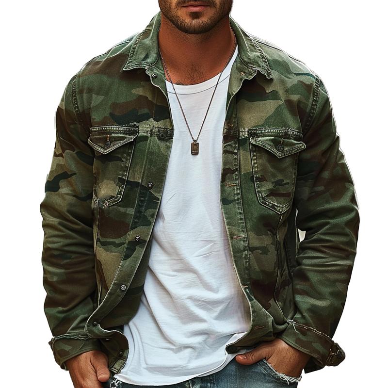 H&L Men's Camouflage Canvas Retro Wear Lapel Jacket