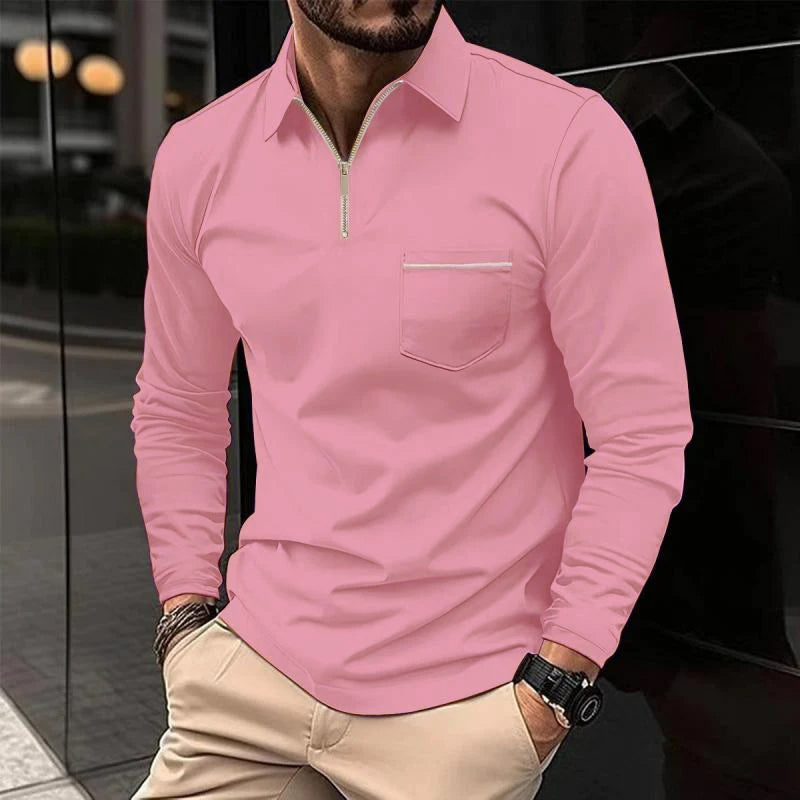 H&L Men's Solid Zipper Lapel Breast Pocket Long Sleeve Polo Shirt