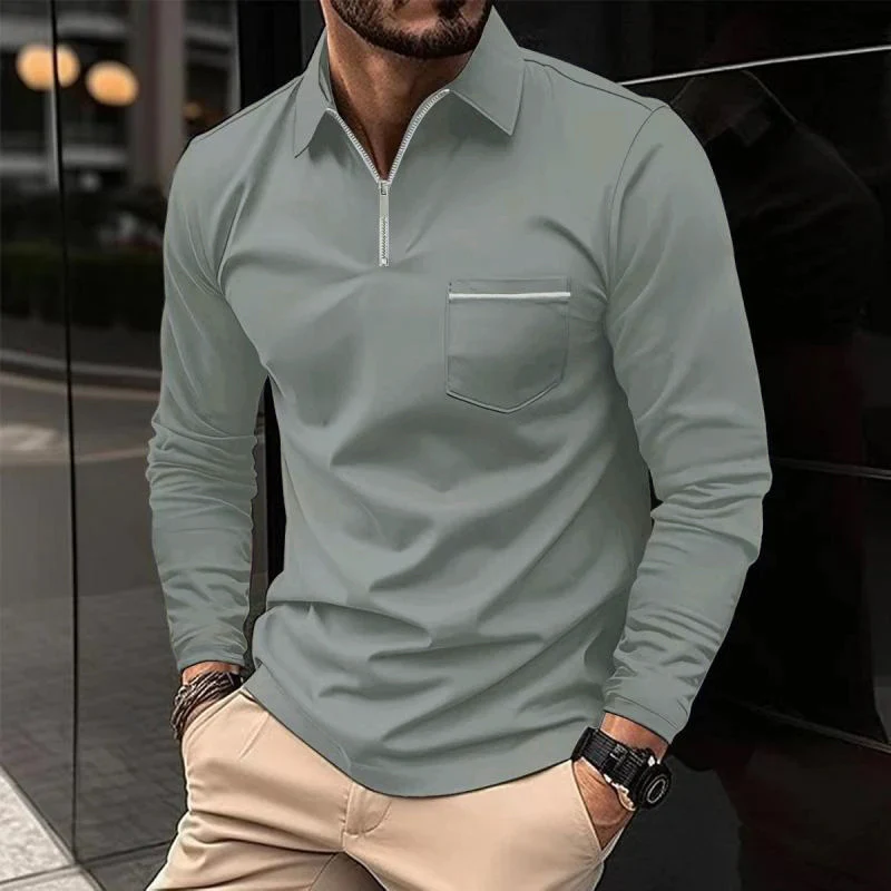 H&L Men's Solid Zipper Lapel Breast Pocket Long Sleeve Polo Shirt