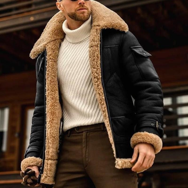 H&L Men's Vintage Winter Lambswool Warm Lapel Multi-pocket Thick Coat