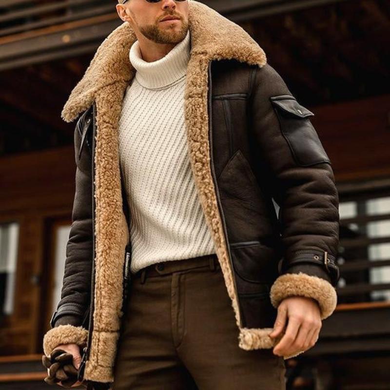 H&L Men's Vintage Winter Lambswool Warm Lapel Multi-pocket Thick Coat