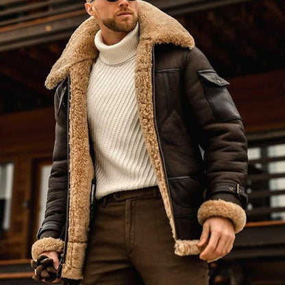 H&L Men's Vintage Winter Lambswool Warm Lapel Multi-pocket Thick Coat