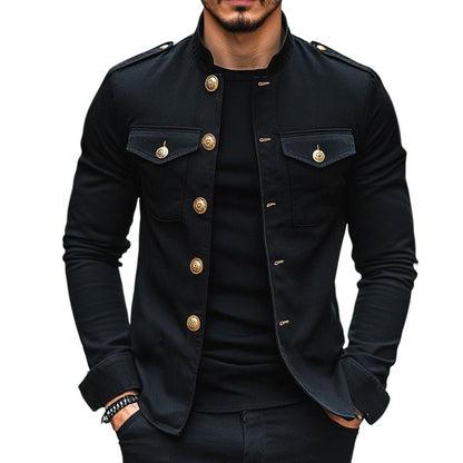 H&L Men's Vintage Casual Solid Stand Collar Button Jacket