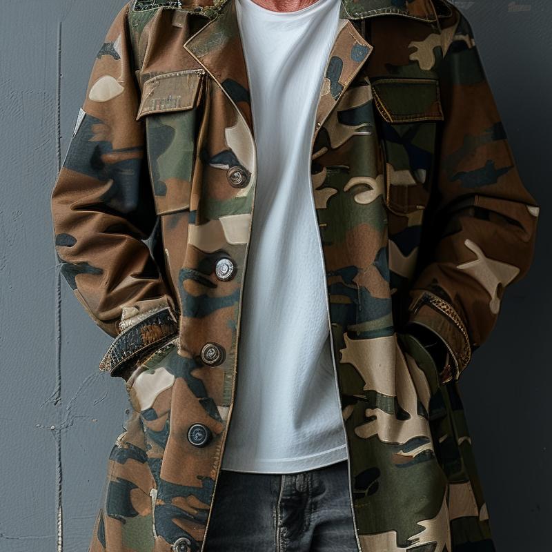H&L Men's Camouflage Lapel Breast Pocket Single Breasted Mid-length Cargo Trench Coat